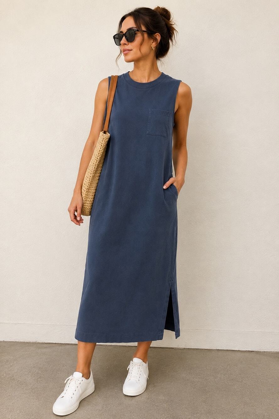 Everlane Long Weekend Tee Dress Blue Sleeveless Pocket Side Slit Size L